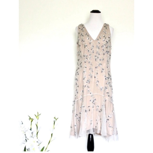 NEW! ADRIANNA PAPELL Sleeveless Knee Length Dress Sequins Beads Nude Pink SZ 12 - Picture 7 of 13